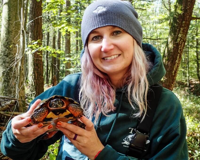 Danielle D'Amato holding a Wood Turtle